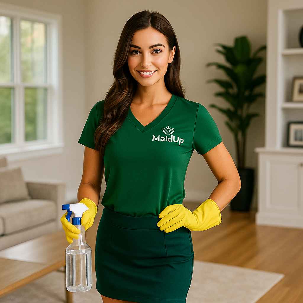 MaidUp Cleaning Services professional cleaner wiping and sanitizing surfaces during a full house cleaning service.